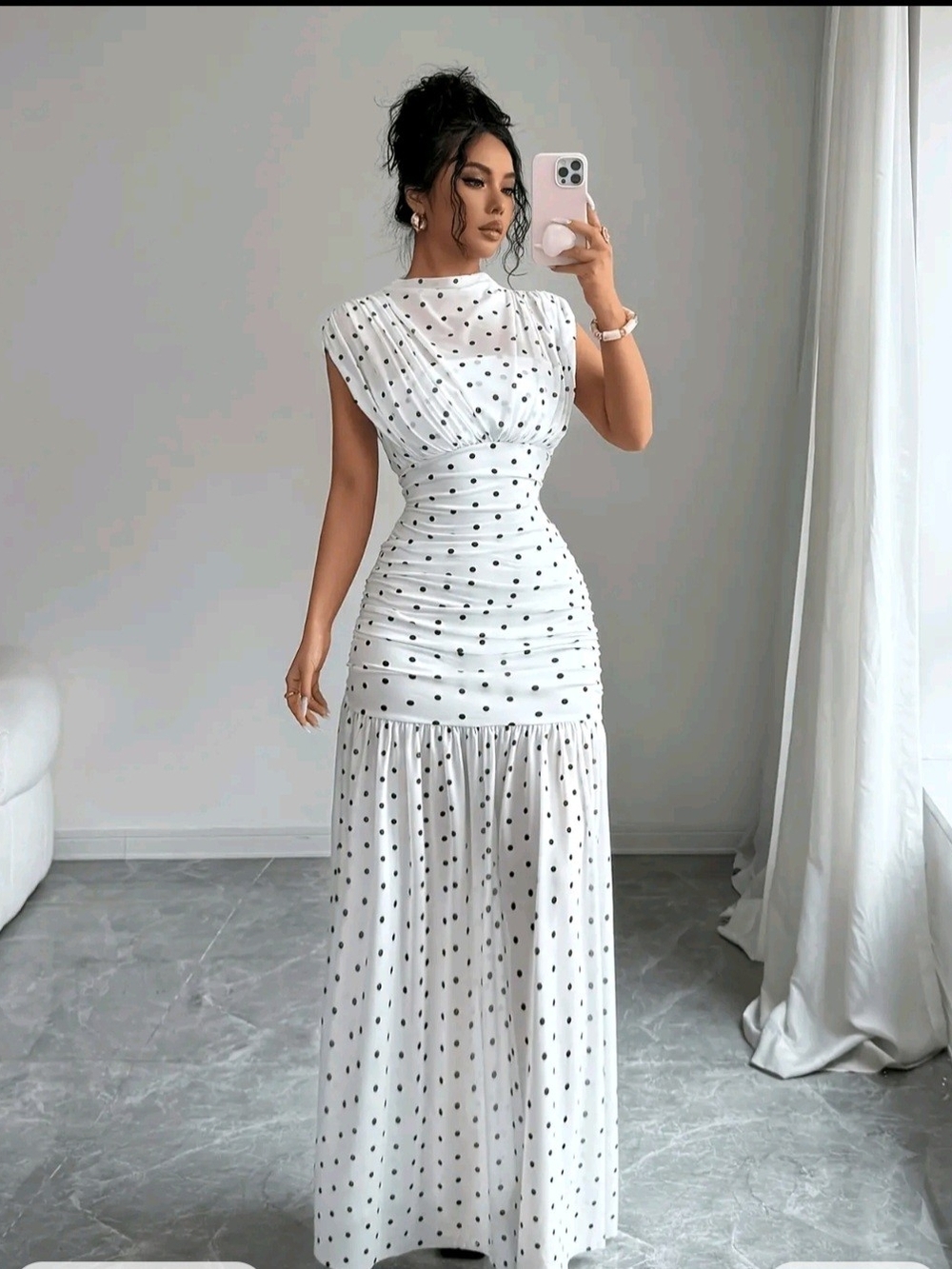 White Polka Dot Maxi Dress with Ruched Bodice